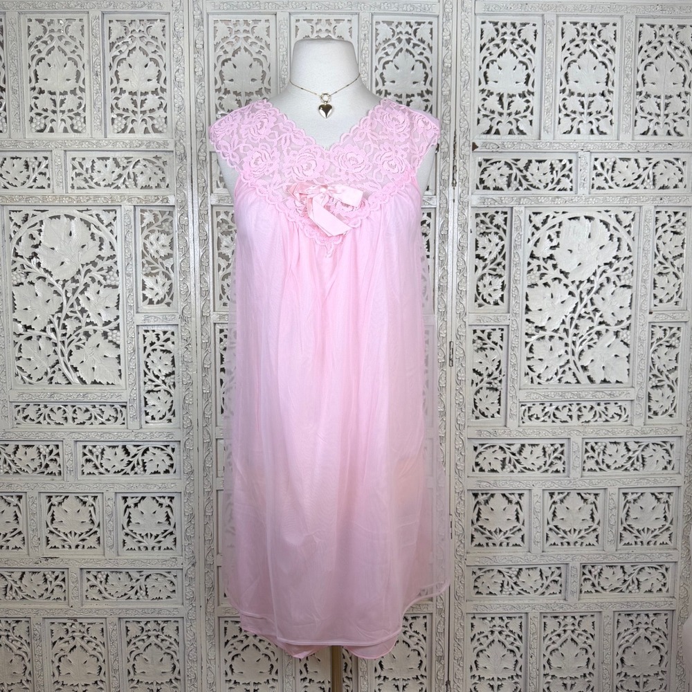 Vtg Baby Pink Lace Overlay Bow Nightgown Womens Medium Angel‎ Romantic Coquette